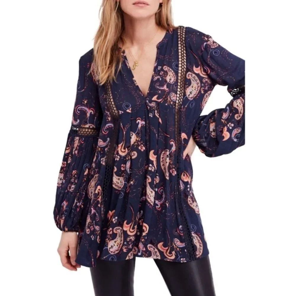 Free People "Just the Two of Us" Floral Tunic - size XS in Blue